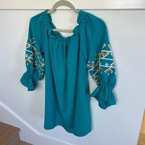 TCEC Teal Embroidered Peasant Blouse Puff Sleeve Off The Shoulder Dress Large